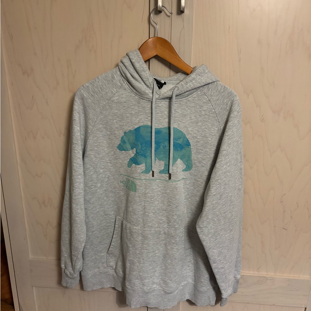The North Face Gray Hoodie with Teal Bear Graphic